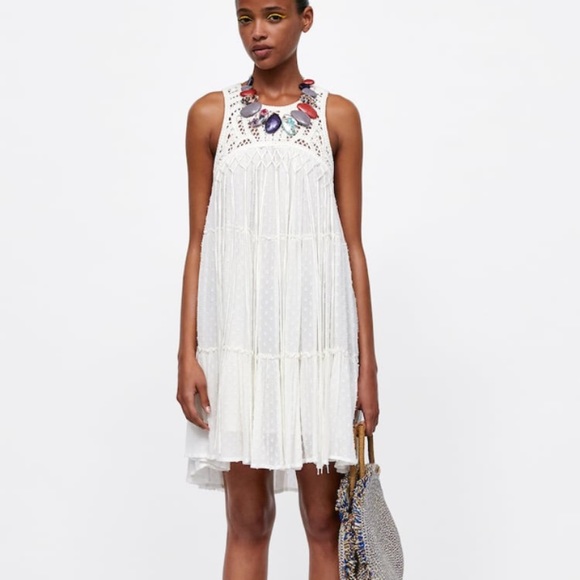Zara Dresses & Skirts - Zara Dotted Mesh Dress with Crochet and Fringe